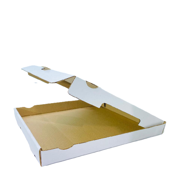 White pizza box with the lid lifting open from the front