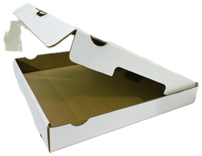 Open white pizza box tray showing the kraft base